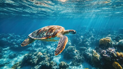 Fototapeta premium Sea turtle swimming underwater coral reef