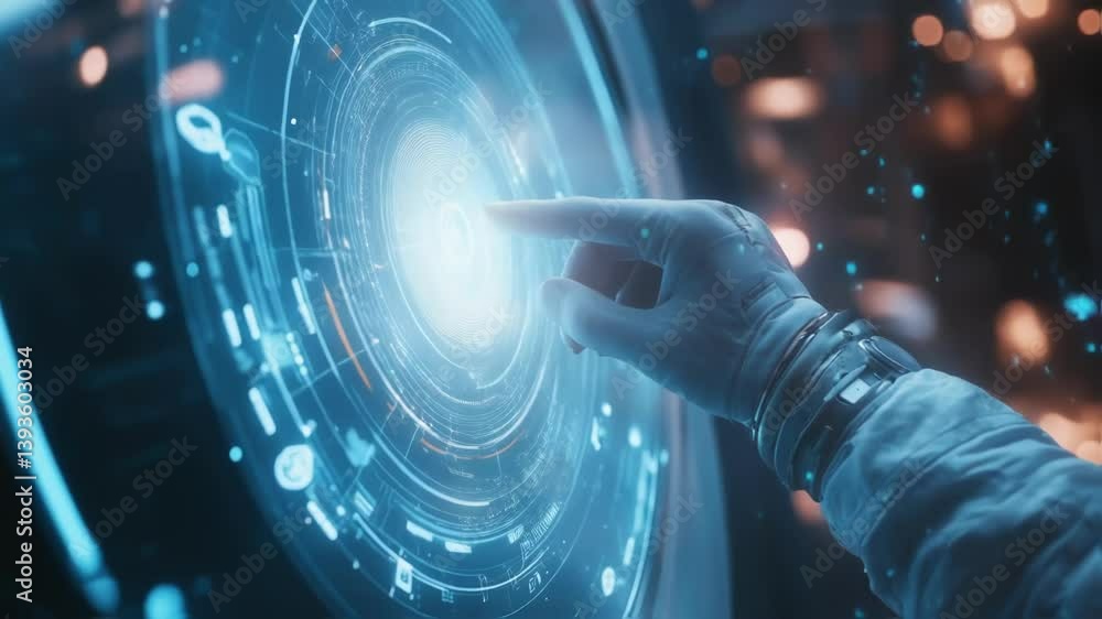 Poster astronaut in professional spacesuit navigating high tech circular touchscreen, activating illuminate