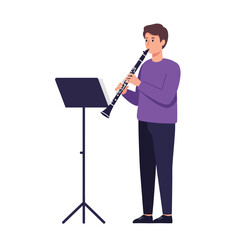 Naklejka premium Young musician playing clarinet in flat design style vector art