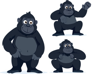Modern illustration in flat design style depicts a playful gorilla in various poses, suitable for children's artwork