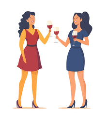 Two women are depicted celebrating with drinks in a flat style modern art piece
