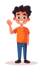 A cheerful young boy wearing an orange shirt is depicted gesturing enthusiastically in a modern flat art piece