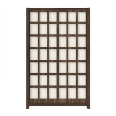 Dark wood sliding panels with a traditional Japanese shoji design.  Features a grid pattern of small squares