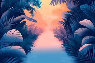 Tropical Jungle Sunset: Vibrant Digital Art of Exotic Foliage and Lush Greenery in a Tranquil Nature Illustration