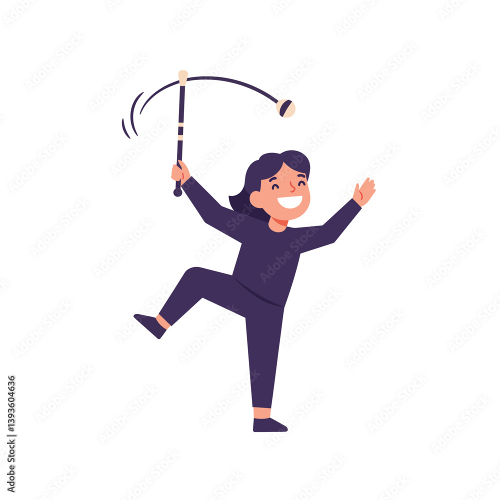 Poster happy child dancing with a stick in minimal vector art style vector illustration