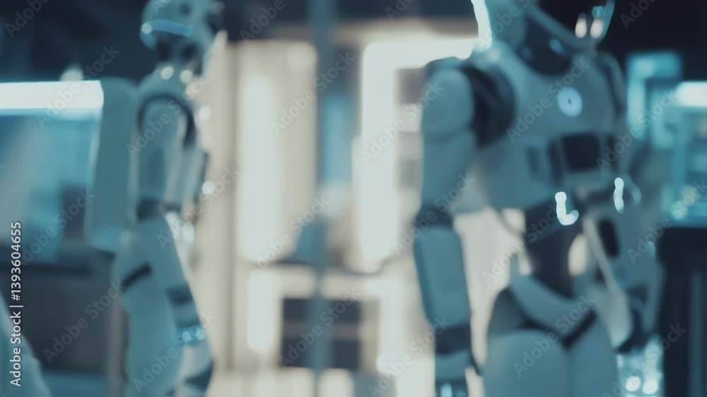 Poster advanced humanoid robots undergo testing and observation by an astronaut in a high tech laboratory, 