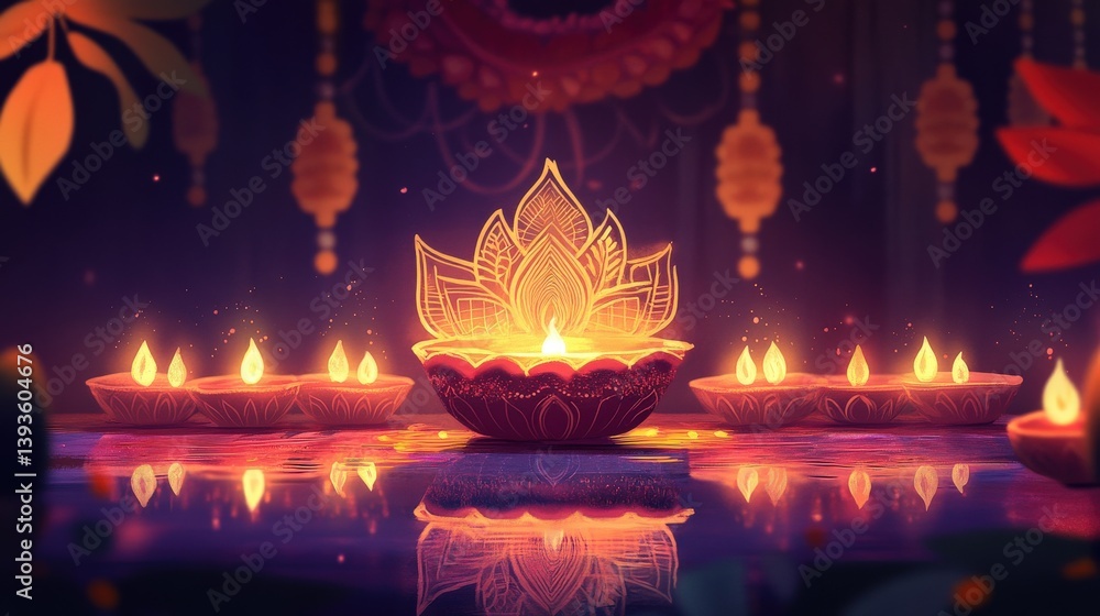 Poster glowing candles in intricately designed bowls create a soft illumination