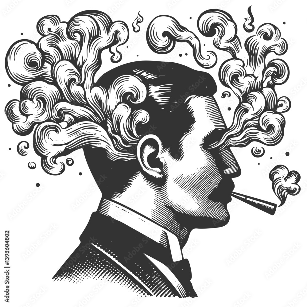 Poster man with smoke emerging from his head, symbolizing thoughts and imagination sketch engraving generat