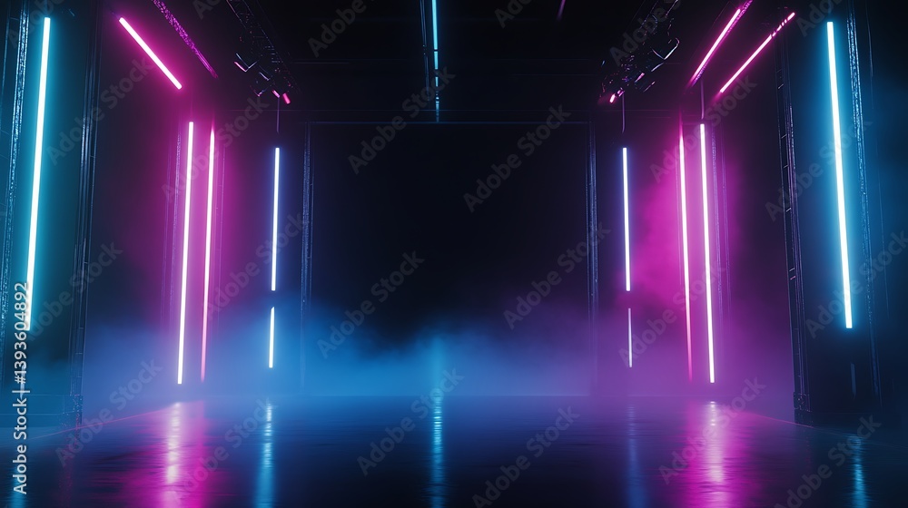 Poster futuristic atmospheric setting with glowing neon lights in shades of pink and blue, creating a vibra