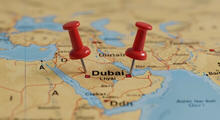 Red Push Pins Marking Dubai on Middle East Map