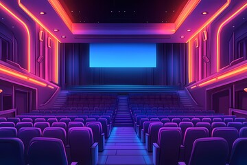 Fototapeta premium Modern Theater Auditorium with Neon Lights and Vibrant Colors: The Ultimate Cinematic and Entertainment Venue