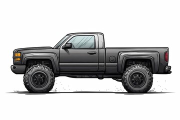 Off-Road Adventure: Black Pickup Truck Illustration with Lifted Design and Rugged Tires - Perfect for Automotive Enthusiasts and Outdoor Exploration
