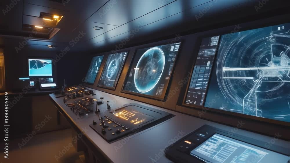 Poster futuristic spaceship control room interface scanning deep space with radar and other instruments, se