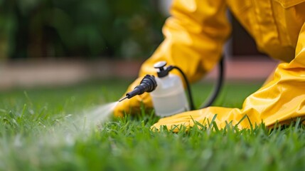 Worker spraying pest control solution on a lush green lawn for effective pest management
