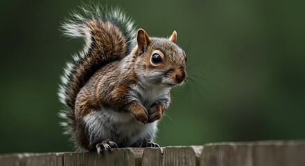 Obraz premium Gray Squirrel Perched on Wooden Fence with Blurred Forest Background