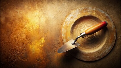 Fototapeta premium Vintage Plasterers Trowel Lifting a Circle of Plaster A Detailed Look at Retro Construction Techniques