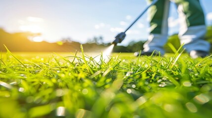 Worker spraying pest control solution on a lush green lawn for effective pest management
