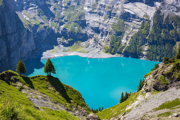 Oeschinensee lake in Switzerland, beautiful destination for hiking in swiss alps