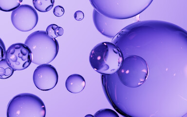 Floating transparent purple bubbles background, 3d rendering.
