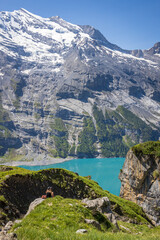 Oeschinensee lake in Switzerland, beautiful destination for hiking in swiss alps