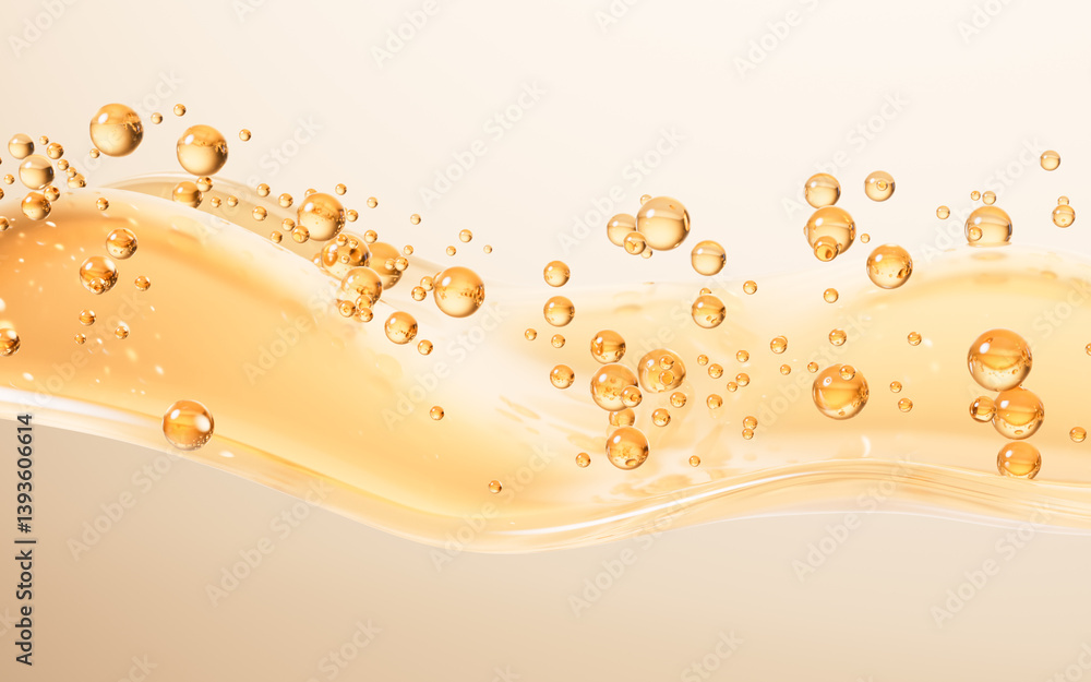 Poster flowing golden bubbles and wave background, 3d rendering.
