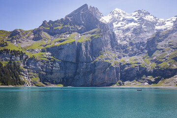 Oeschinensee lake in Switzerland, beautiful destination for hiking in swiss alps