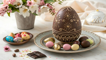Elegant chocolate Easter egg with intricate decorative patterns, surrounded by colorful painted eggs and assorted chocolates on a vintage plate,A beautifully arranged platter of assorted chocolates, 