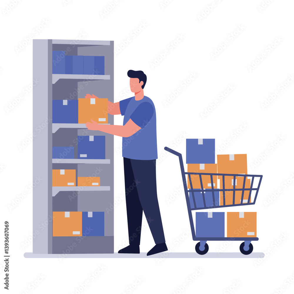Poster man placing boxes on a shelf in a minimal flat vector illustration