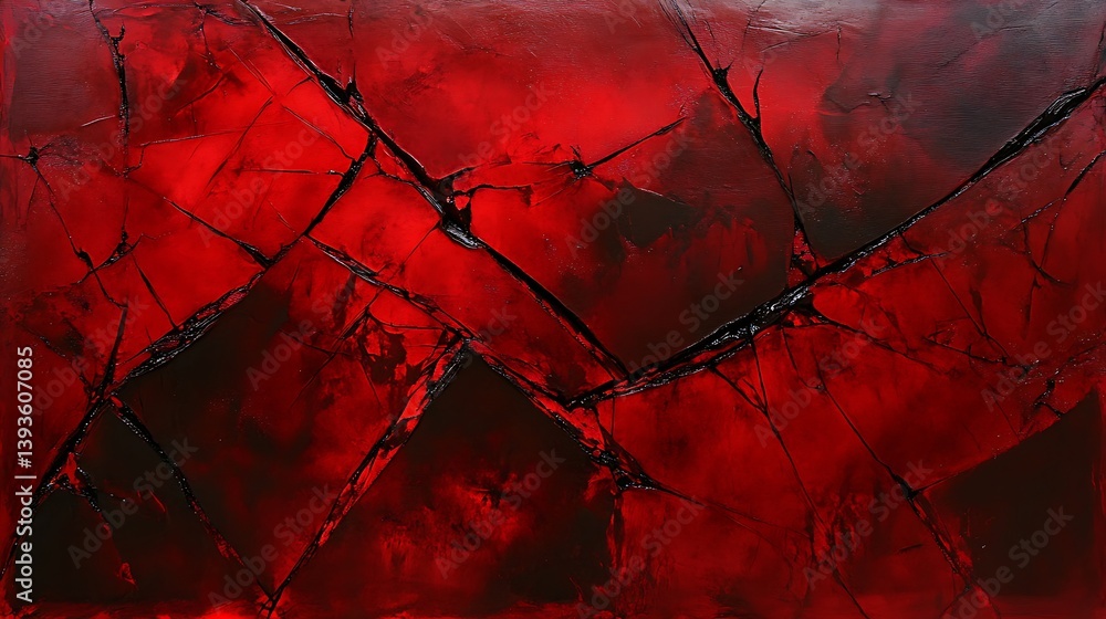 Poster abstract artwork featuring rich red tones with dark cracks and a textured surface, creating a dramat