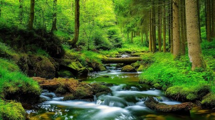 Obraz premium Lush forest stream flowing through mossy rocks