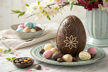 Elegant chocolate Easter egg with intricate decorative patterns, surrounded by colorful painted eggs and assorted chocolates on a vintage plate,A beautifully arranged platter of assorted chocolates, 