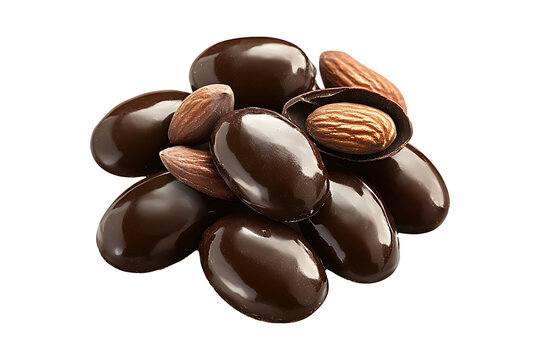 Dark chocolate covered almonds isolated on transparent background
