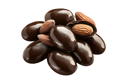 Dark chocolate covered almonds isolated on transparent background
