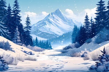 Winter Wonderland: Scenic Snow-Covered Mountains & Serene Forest Pathway for Tranquil Exploration
