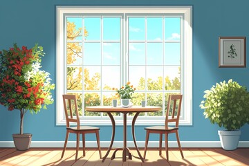 Cozy Cafe Style Interior with Blue Walls, Natural Light, and Scenic Nature Views