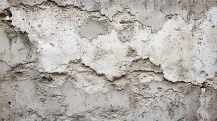 Obraz premium Rough, textured concrete wall with peeling layers and a weathered, granular surface. Neutral gray tones dominate the close-up view