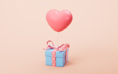 Cartoon style gift box and love heart balloon, 3d rendering.