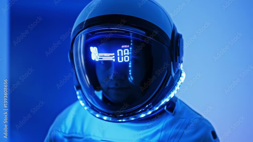 Aufkleber close up of astronaut wearing space helmet with illuminated futuristic heads up display, showing cha