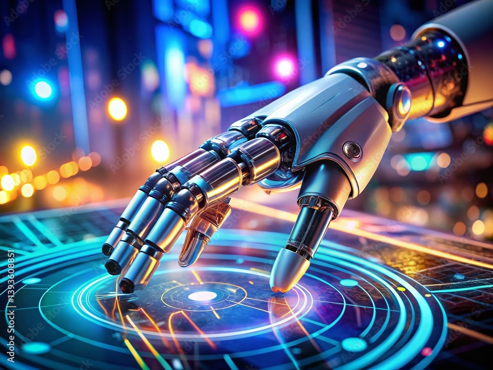 Poster futuristic robotic arm interacting with dynamic holographic interface a glimpse into advanced manufa
