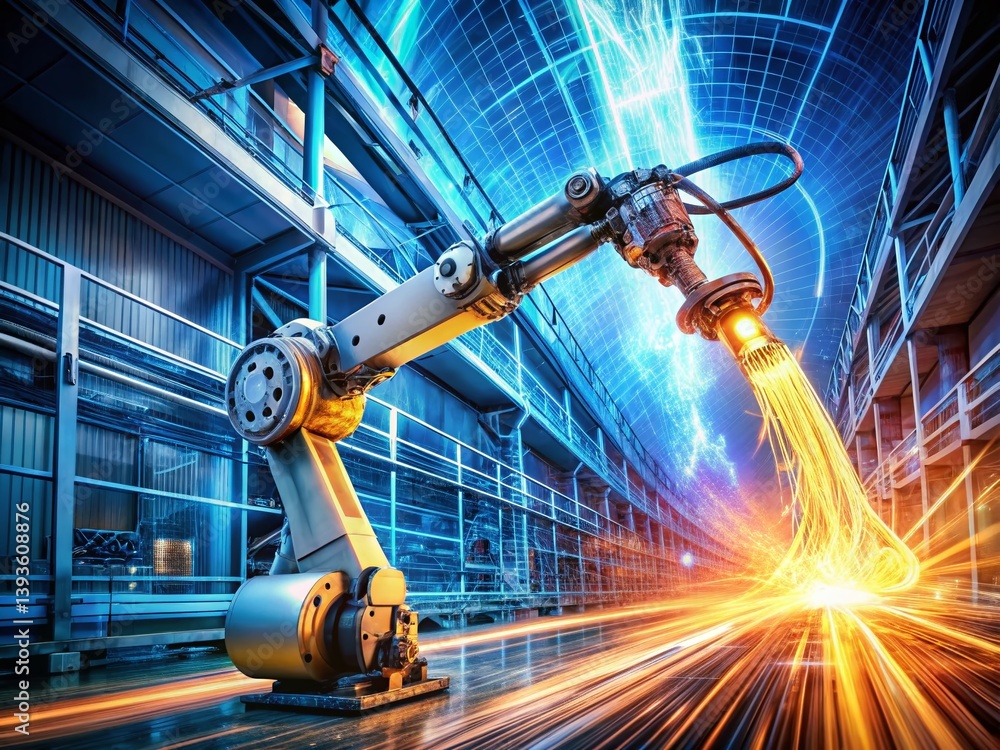 Poster double exposure robotic arm motion stages advanced manufacturing and automation visualization