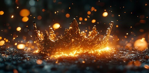 Naklejka premium Glowing Golden Crown Falling on Dark Ground with Sparks