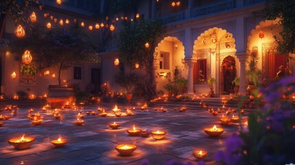 An illuminated courtyard lit with candles during a festive celebration