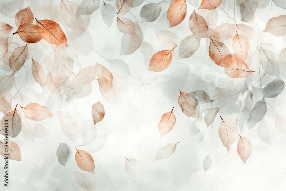Poster floating leaves dance among soft clouds in a serene and neutral palette capturing natures rhythm