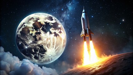 Obraz premium Lunar Ascent Witnessing the Thrilling Launch of a Spacecraft on a Mission to the Moon Stock Photo for