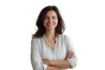 Portrait of 50 years old smiling woman looking at camera with crossed arms. Happy girl standing in creative office. Successful businesswoman standing