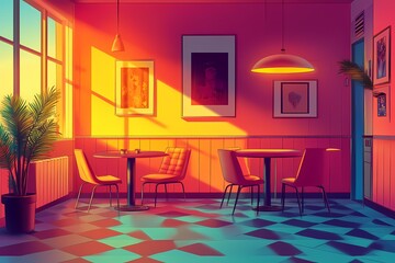 Modern Restaurant Cafe Interior with Vibrant Decor, Artistic Lighting, and Cozy Urban Ambiance