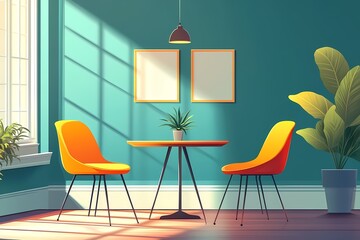 Bright Modern Decor: Mint Green Walls, Stylish Furniture & Natural Light in a Cozy Scandinavian Dining Area