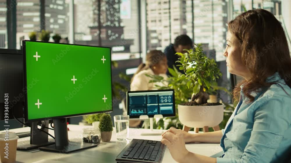 Aufkleber office clerk working on isolated screen pc to hit key performance targets for revenue and profitabil