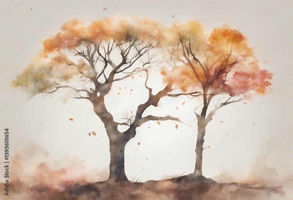 Poster design minimal tree elements set side illustration watercolor architecture spring drawing graphics v