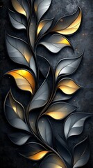 Obraz premium Stylized flora composition with graceful leaves in black, gold and silver, with lots of texture